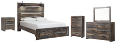Drystan Queen Panel Bed with 2 Storage Drawers with Mirrored Dresser, Chest and Nightstand - PKG003256