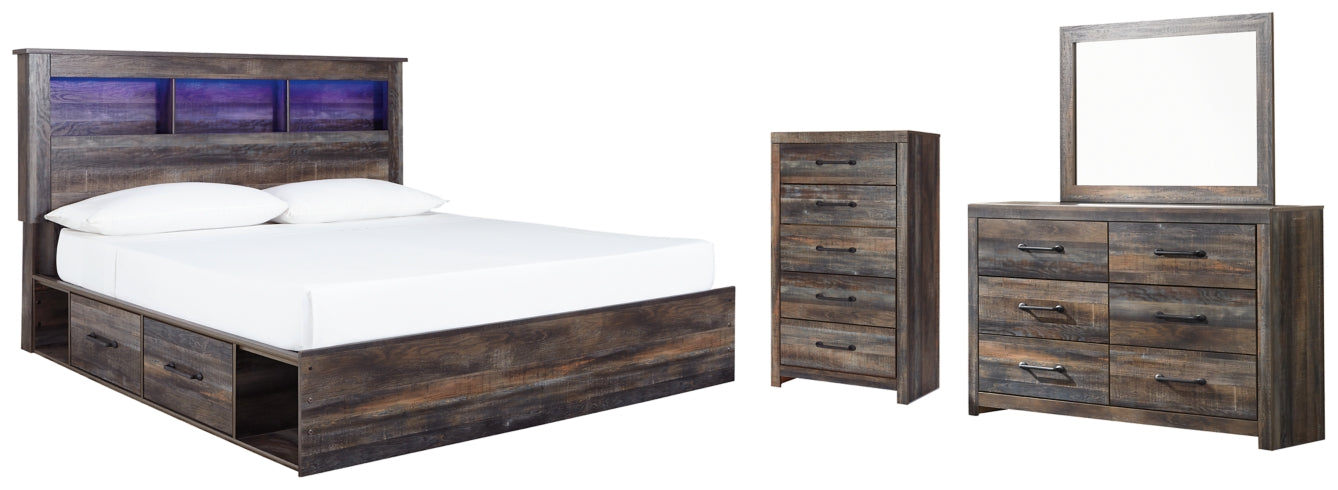 Drystan King Bookcase Bed with 2 Storage Drawers with Mirrored Dresser and Chest - PKG003379