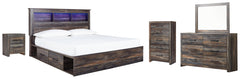 Drystan King Bookcase Bed with 2 Storage Drawers with Mirrored Dresser, Chest and Nightstand - PKG003381