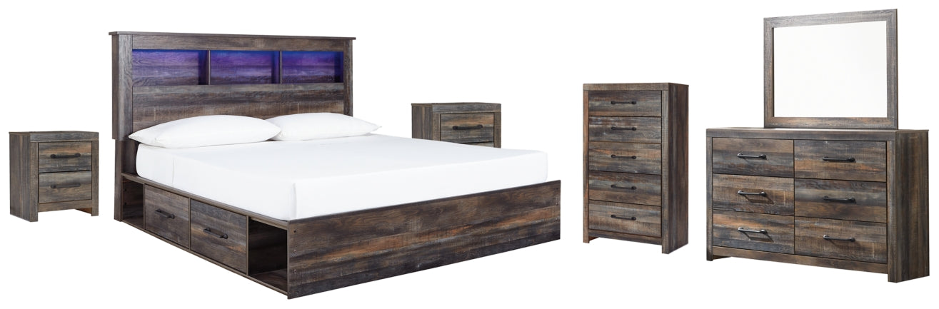 Drystan King Bookcase Bed with 2 Storage Drawers with Mirrored Dresser, Chest and 2 Nightstands - PKG003383