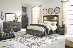 Drystan Queen Panel Bed with 2 Storage Drawers with Mirrored Dresser, Chest and 2 Nightstands - PKG003257