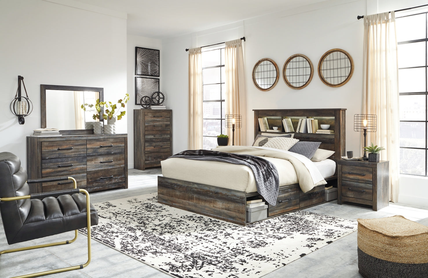 Drystan Queen Bookcase Bed with 2 Storage Drawers with Mirrored Dresser, Chest and 2 Nightstands - PKG003215
