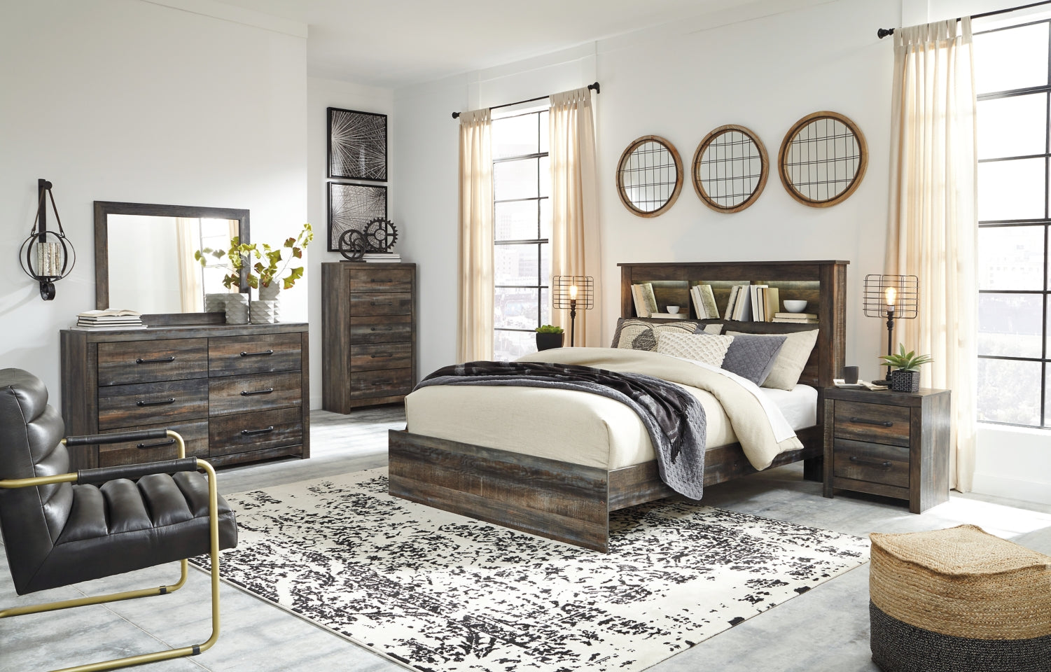 Drystan Queen/Full Bookcase Headboard Bed with Mirrored Dresser, Chest and 2 Nightstands