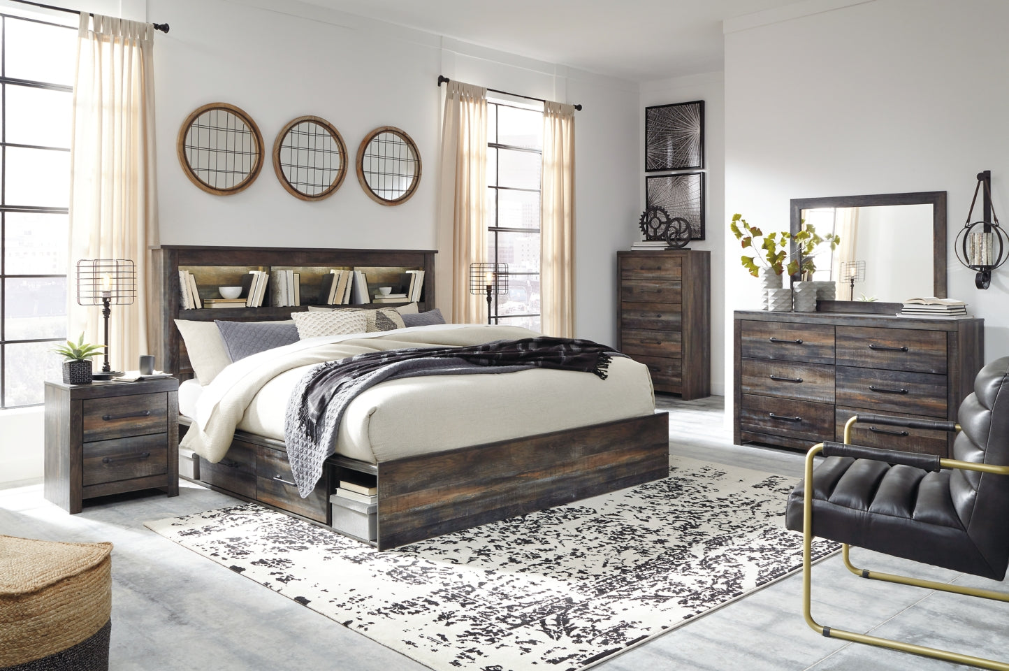 Drystan King/California King Bookcase Headboard Bed with Mirrored Dresser, Chest and 2 Nightstands