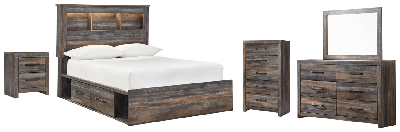 Drystan Full Bookcase Bed with 2 Storage Drawers with Mirrored Dresser, Chest and Nightstand - PKG003335