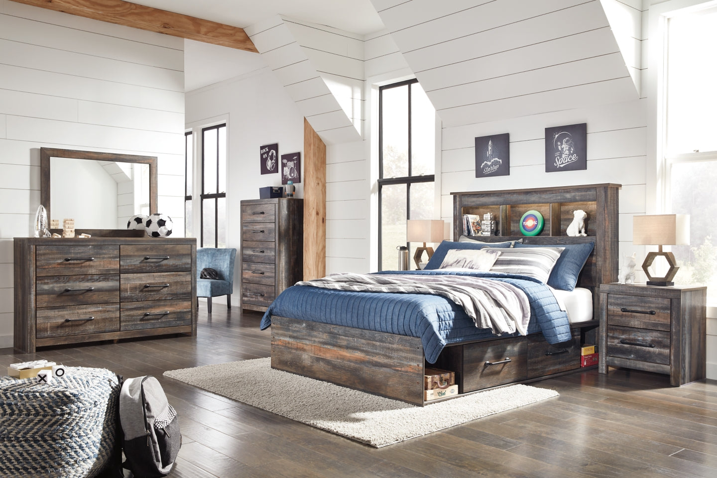 Drystan Full Bookcase Bed with 2 Storage Drawers with Mirrored Dresser and 2 Nightstands - PKG003332