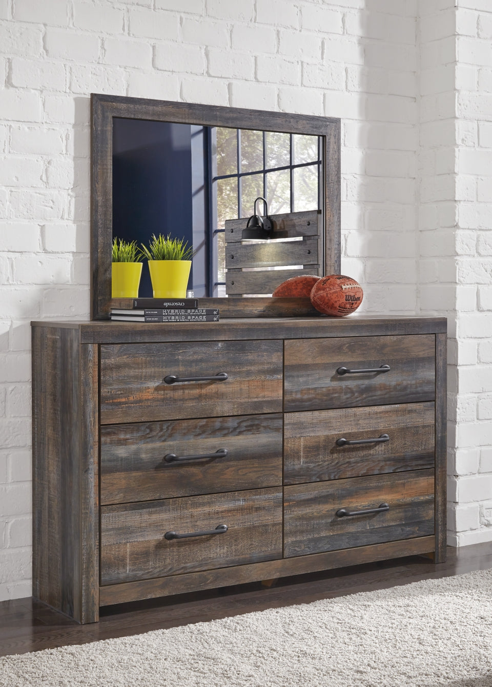 Drystan Queen Panel Bed with 2 Storage Drawers with Mirrored Dresser and 2 Nightstands - PKG003169