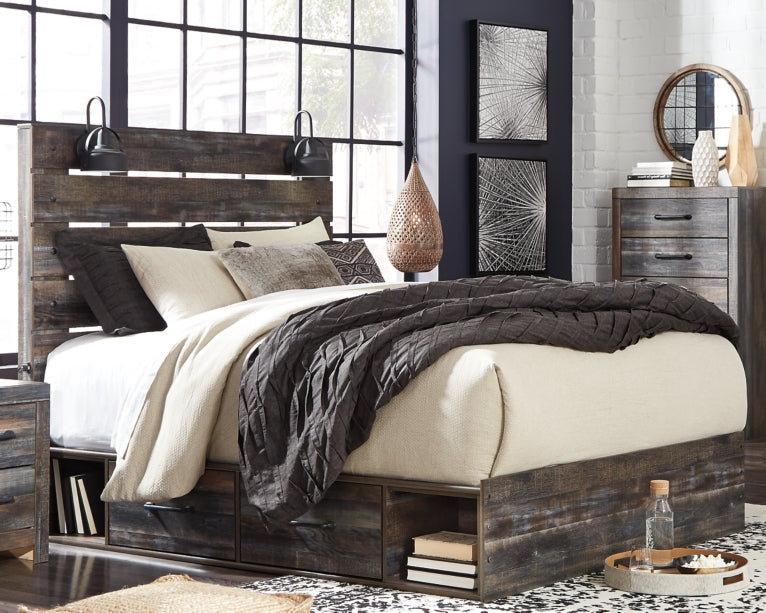 Drystan Queen Panel Bed with 2 Storage Drawers with Mirrored Dresser and 2 Nightstands - PKG003169