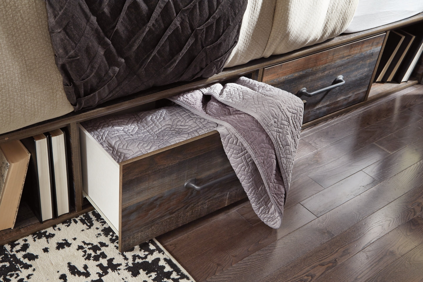 Drystan Queen Panel Bed with 2 Storage Drawers with Mirrored Dresser and 2 Nightstands - PKG003169