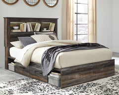 Drystan Queen Bookcase Bed with 2 Storage Drawers with Mirrored Dresser, Chest and Nightstand - PKG003214