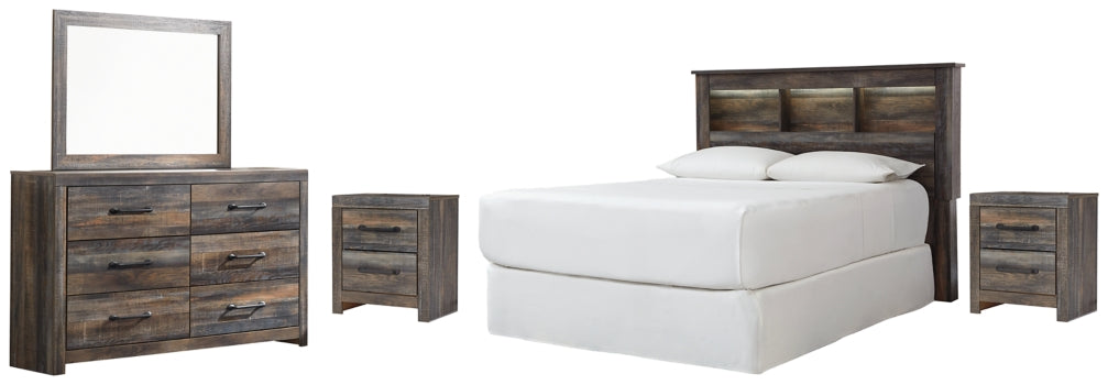 Drystan Queen/Full Bookcase Headboard Bed with Mirrored Dresser and 2 Nightstands