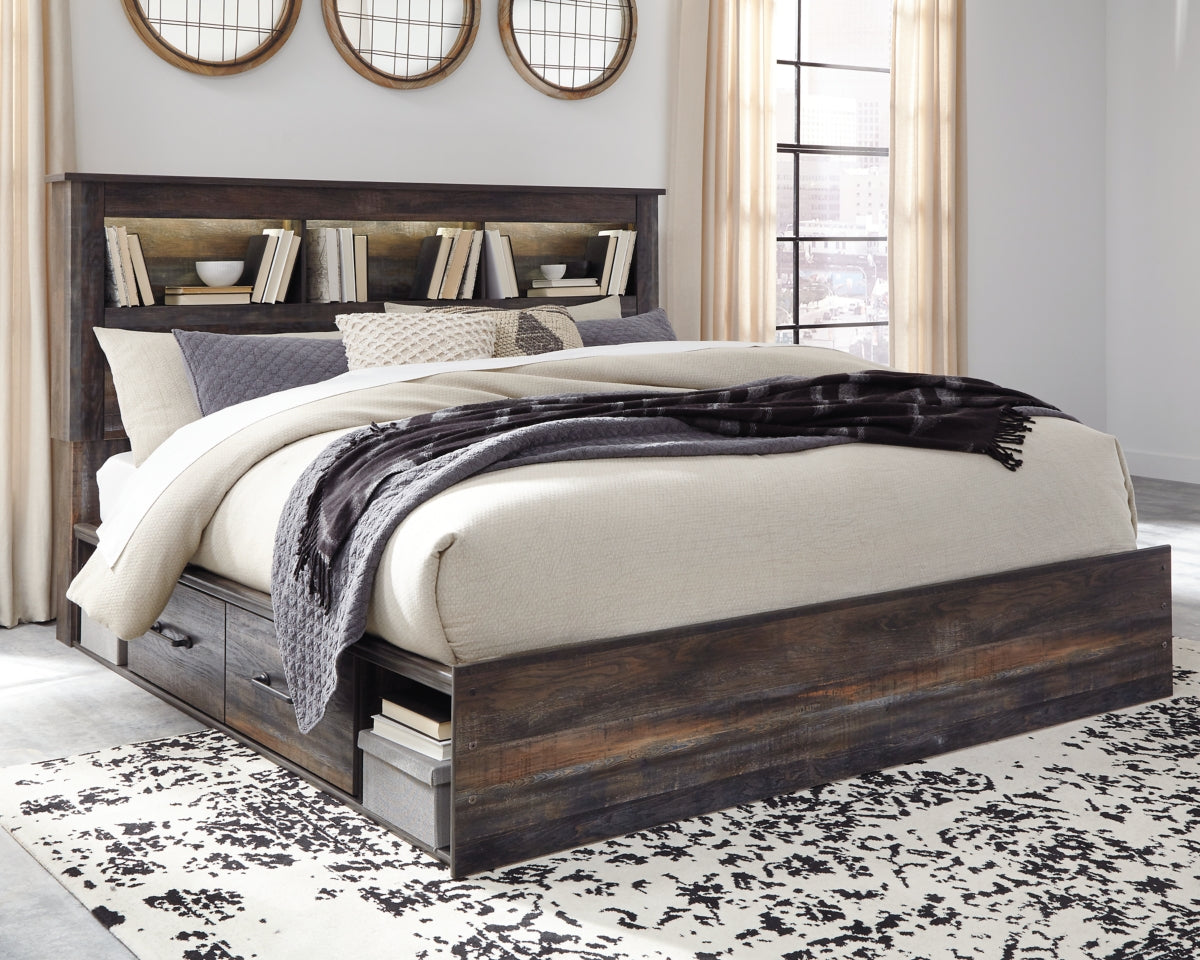 Drystan King Bookcase Bed with 4 Storage Drawers with Mirrored Dresser and 2 Nightstands - PKG003388