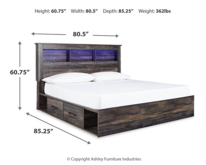 Drystan King Bookcase Bed with 4 Storage Drawers with Mirrored Dresser and 2 Nightstands - PKG003388