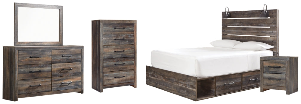 Drystan Queen Panel Bed with 2 Storage Drawers with Mirrored Dresser, Chest and Nightstand - PKG003172
