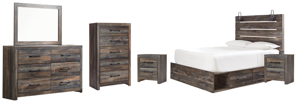 Drystan Queen Panel Bed with 2 Storage Drawers with Mirrored Dresser, Chest and 2 Nightstands - PKG003173