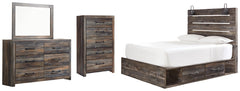 Drystan Queen Panel Bed with 2 Storage Drawers with Mirrored Dresser and Chest - PKG003170