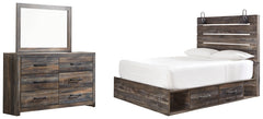 Drystan Queen Panel Bed with 4 Storage Drawers with Mirrored Dresser