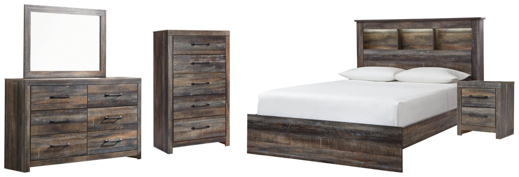 Drystan Queen Bookcase Bed with Mirrored Dresser, Chest and Nightstand