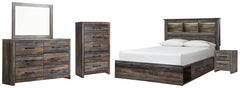 Drystan Queen Bookcase Bed with 2 Storage Drawers with Mirrored Dresser, Chest and Nightstand - PKG003214