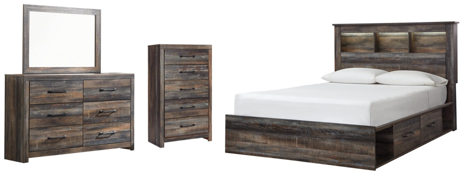 Drystan Queen Bookcase Bed with 2 Storage Drawers with Mirrored Dresser and Chest - PKG003213