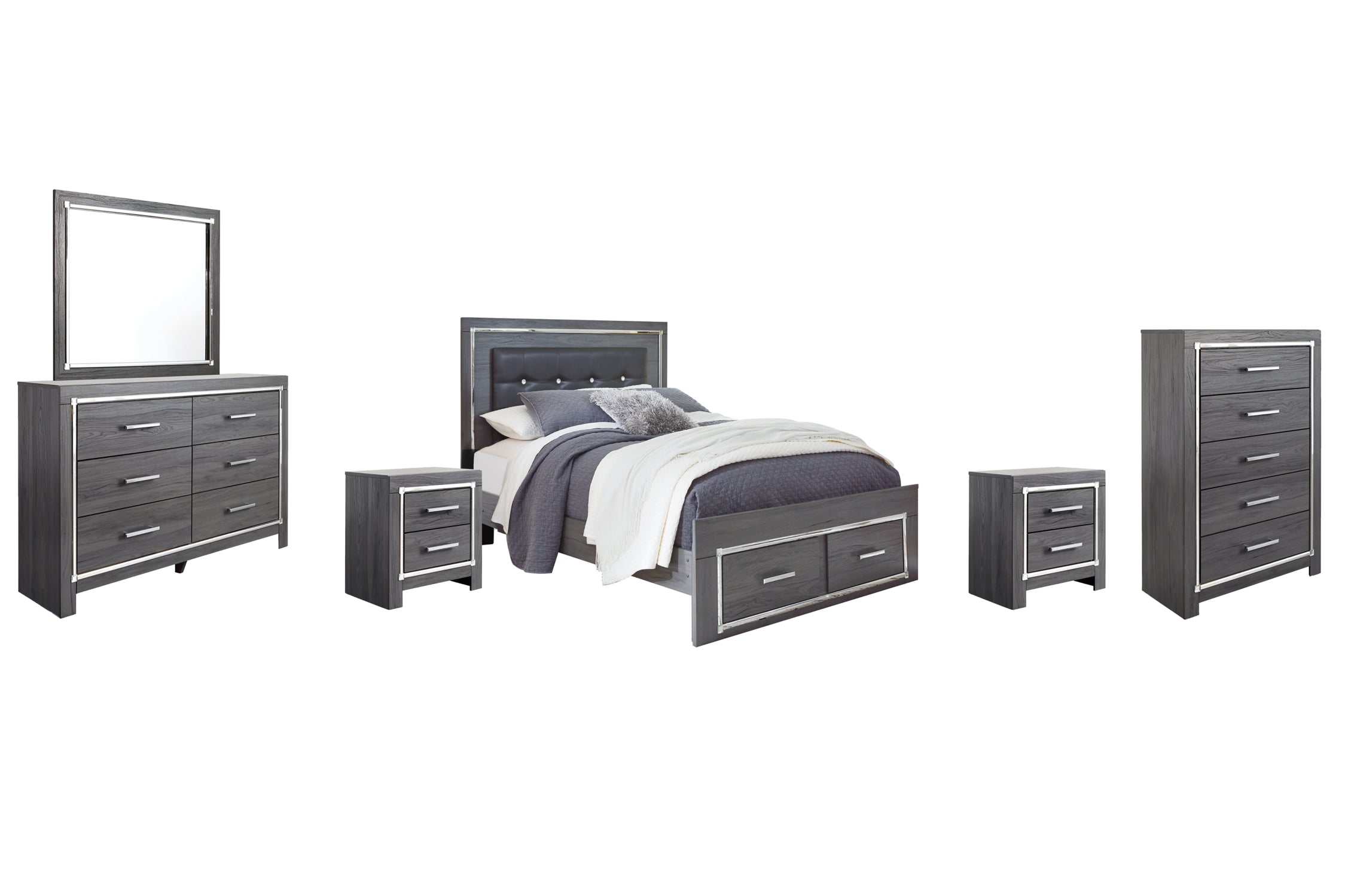 Lodanna Queen Panel Bed with 2 Storage Drawers with Mirrored Dresser, Chest and 2 Nightstands - PKG003605