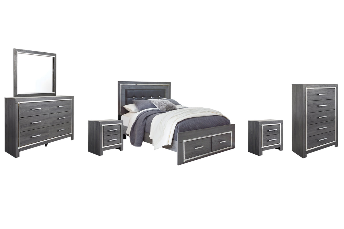 Lodanna Queen Panel Bed with 2 Storage Drawers with Mirrored Dresser, Chest and 2 Nightstands - PKG003605