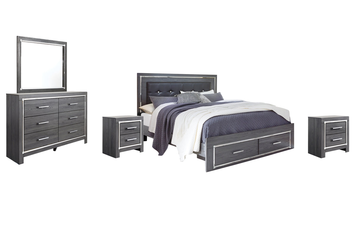 Lodanna King Panel Bed with 2 Storage Drawers with Mirrored Dresser and 2 Nightstands - PKG003568