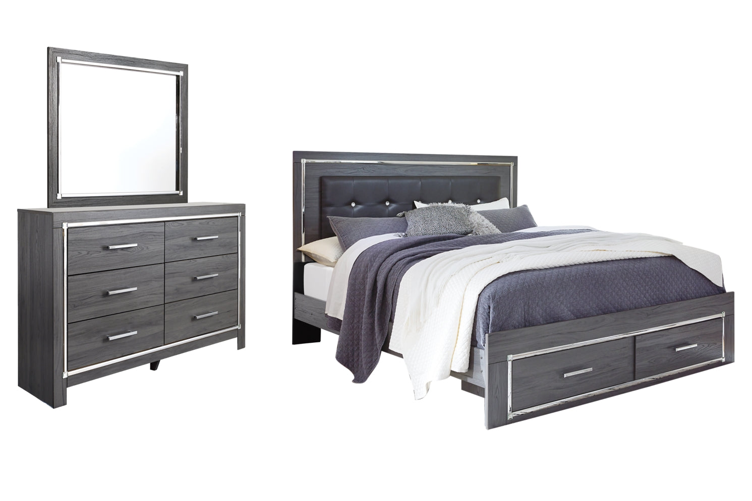 Lodanna King Panel Bed with 2 Storage Drawers with Mirrored Dresser - PKG003566