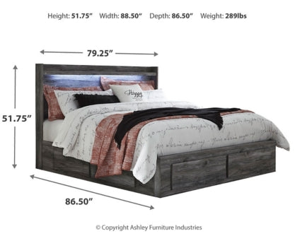 Baystorm King Panel Bed with 2 Storage Drawers with Mirrored Dresser, and Nightstand