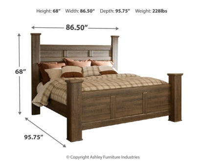 Juararo King Poster Bed with Mirrored Dresser and Nightstand