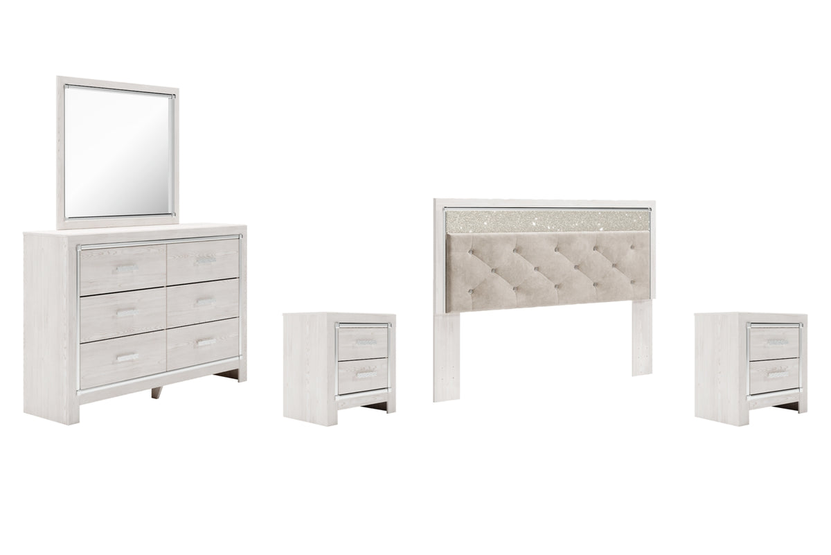 Altyra King Panel Headboard Bed with Mirrored Dresser, Chest and 2 Nightstands