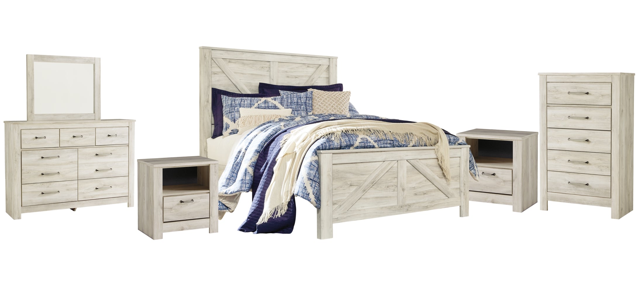 Bellaby King Crossbuck Panel Bed with Mirrored Dresser, Chest and 2 Nightstands