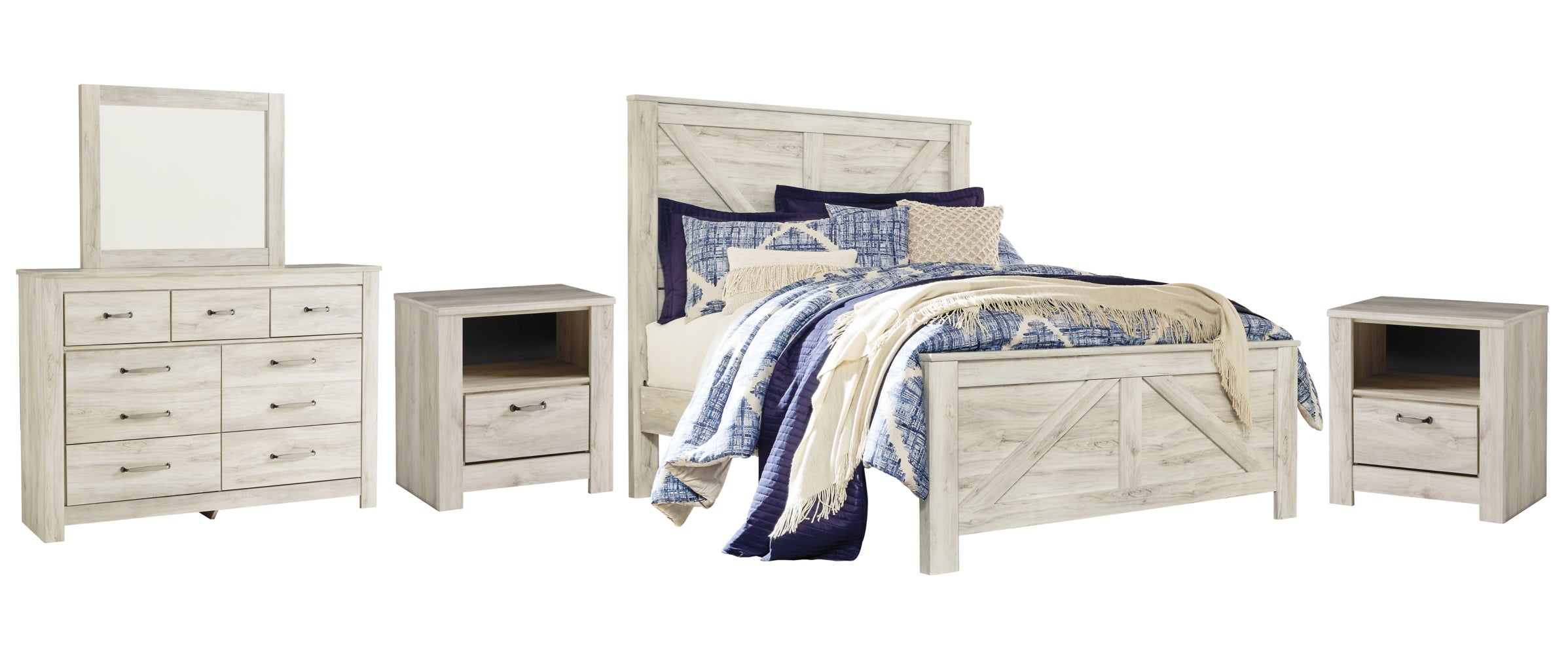 Bellaby King Crossbuck Panel Bed with Mirrored Dresser and 2 Nightstands