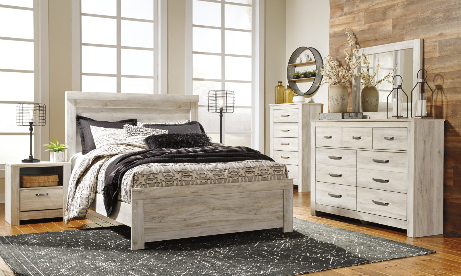 Bellaby Queen Panel Bed with Mirrored Dresser, Chest and 2 Nightstands