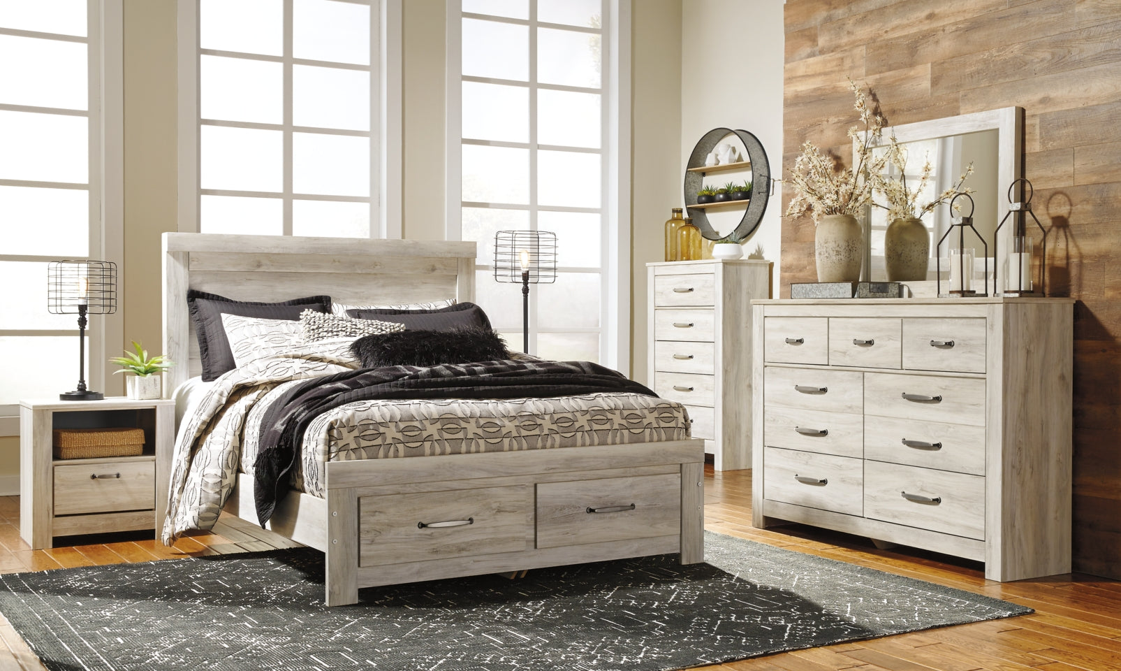 Bellaby Queen Platform Bed with 2 Storage Drawers with Mirrored Dresser, Chest and Nightstand