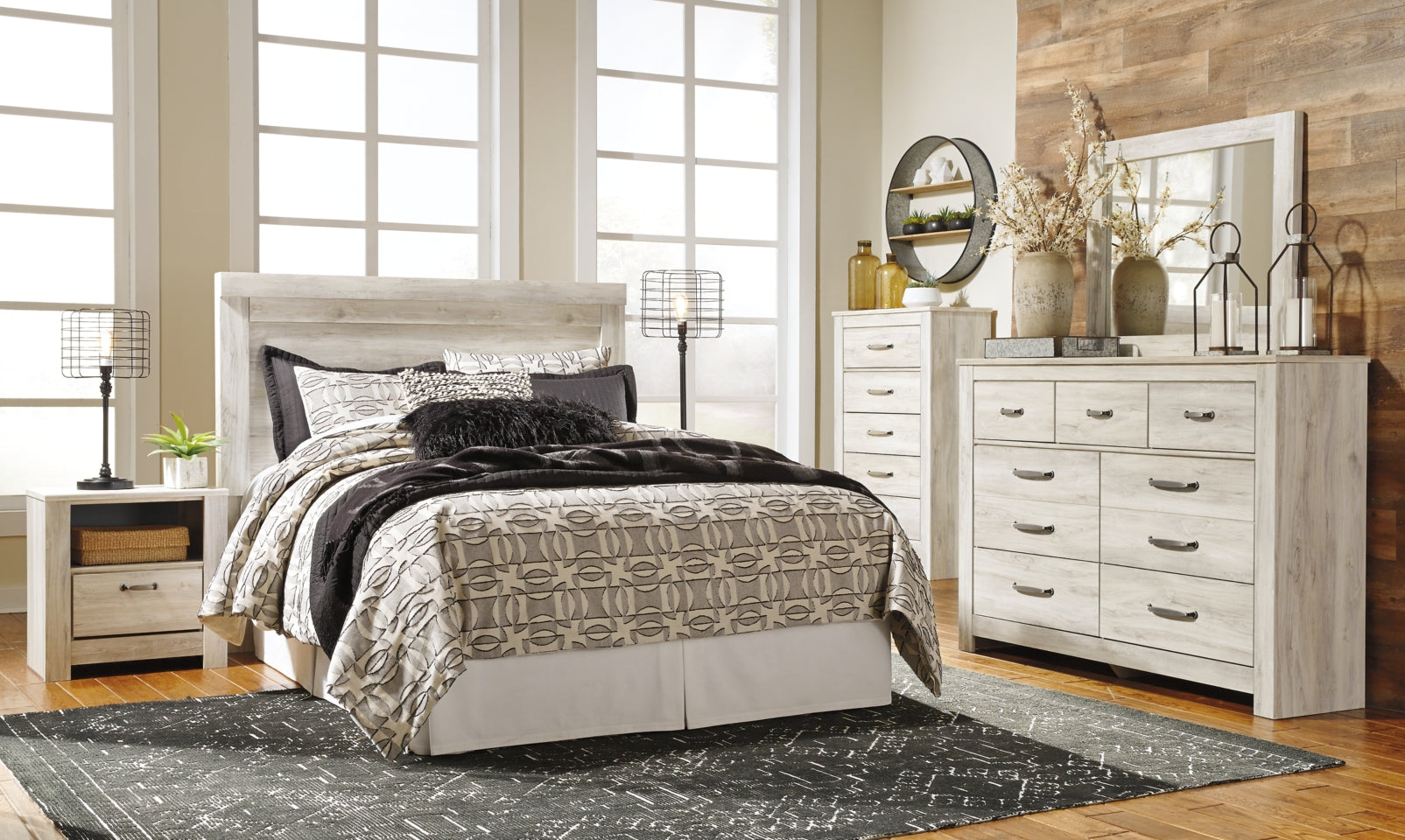 Bellaby Queen Panel Headboard Bed with Mirrored Dresser, Chest and 2 Nightstands