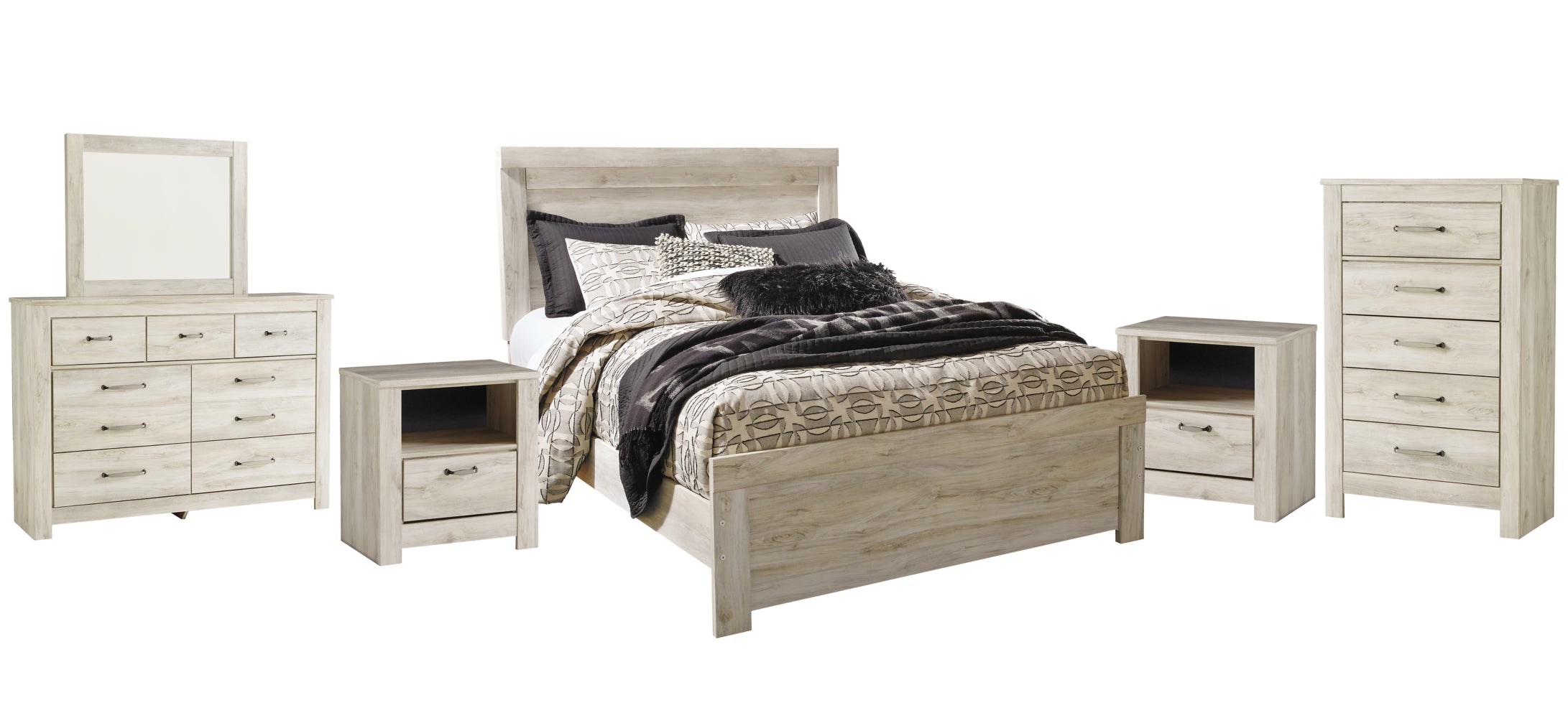 Bellaby Queen Panel Bed with Mirrored Dresser, Chest and 2 Nightstands