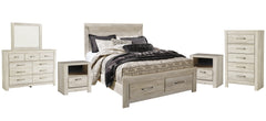 Bellaby Queen Platform Bed with 2 Storage Drawers with Mirrored Dresser, Chest and 2 Nightstands