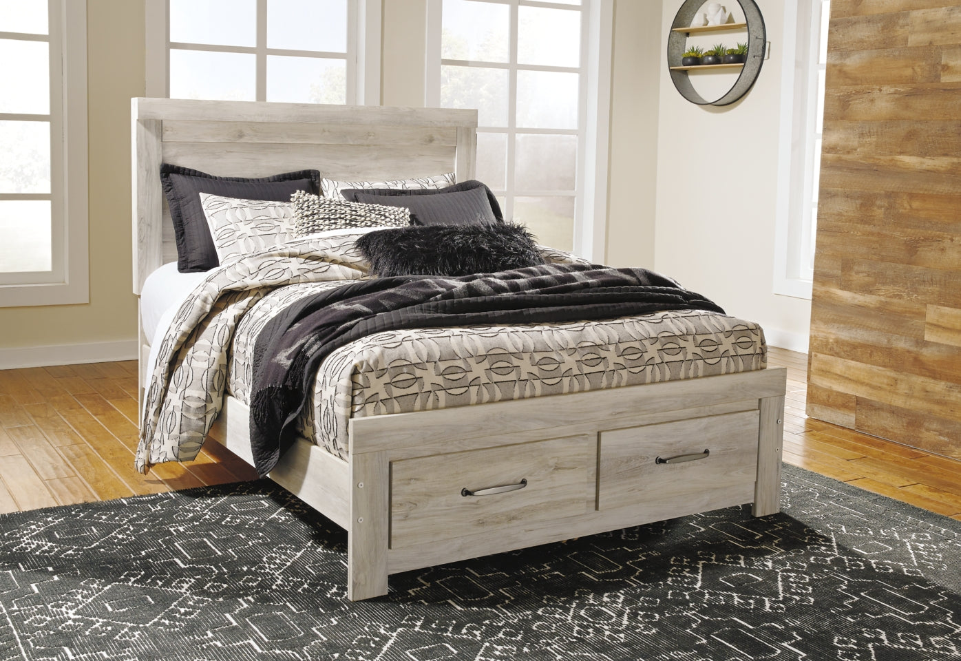 Bellaby Queen Platform Bed with 2 Storage Drawers with Mirrored Dresser and Chest