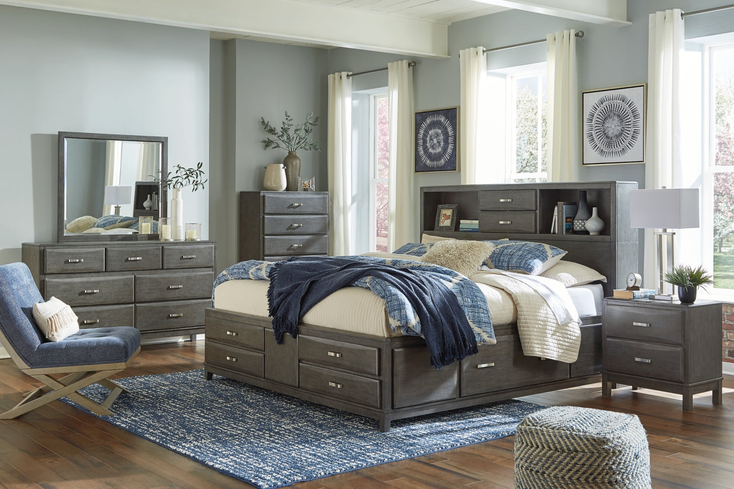 Caitbrook Queen Storage Bed with 8 Storage Drawers with Mirrored Dresser, Chest and 2 Nightstands