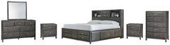 Caitbrook Queen Storage Bed with 8 Storage Drawers with Mirrored Dresser, Chest and 2 Nightstands