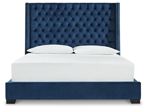 Coralayne King Upholstered Bed with Mirrored Dresser and Nightstand