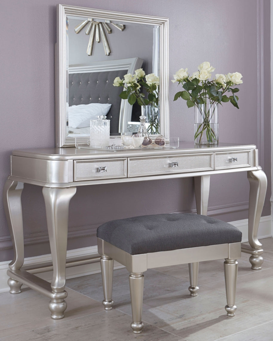 Coralayne Queen Upholstered Bed and Vanity with Mirror and Stool
