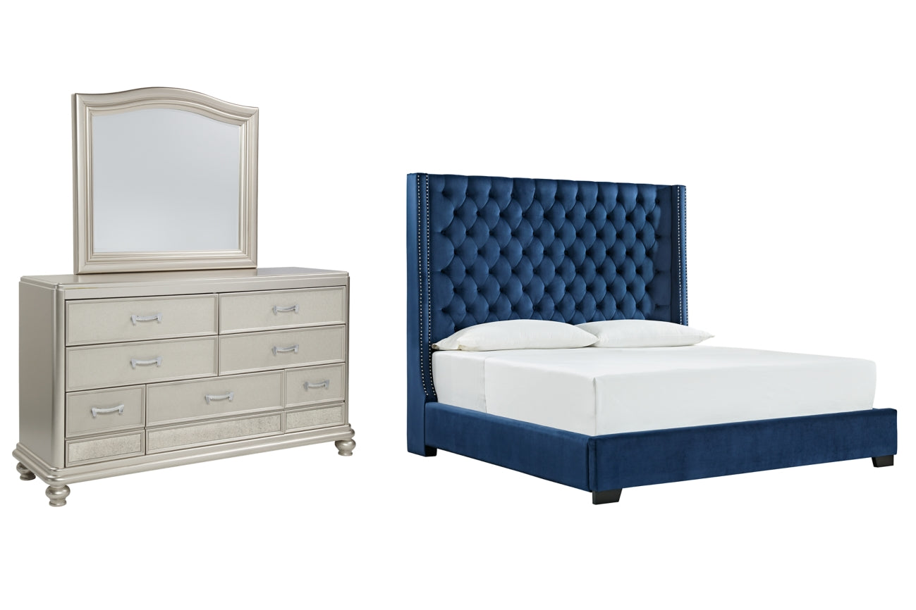Coralayne King Upholstered Bed with Mirrored Dresser - PKG010736