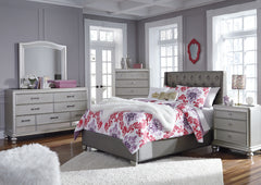 Coralayne Full Upholstered Bed with Mirrored Dresser, Chest and 2 Nightstands - PKG007810