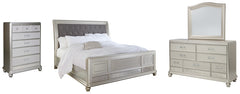 Coralayne Queen Upholstered Sleigh Bed with Mirrored Dresser and Chest - PKG007818