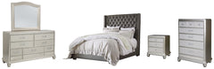Coralayne Queen Upholstered Bed with Mirrored Dresser, Chest and Nightstand - PKG007775