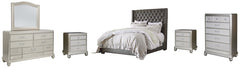 Coralayne Queen Upholstered Bed with Mirrored Dresser, Chest and 2 Nightstands - PKG007776