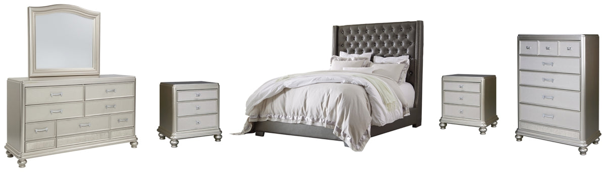 Coralayne King Upholstered Bed with Mirrored Dresser, Chest and 2 Nightstands - PKG007787