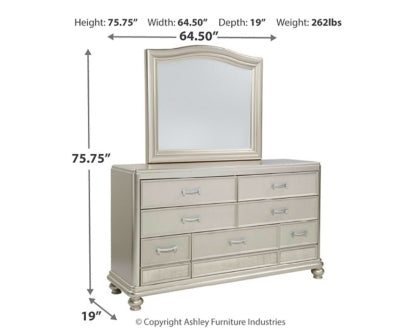Coralayne Queen Upholstered Bed with Mirrored Dresser, Chest and 2 Nightstands - PKG007776